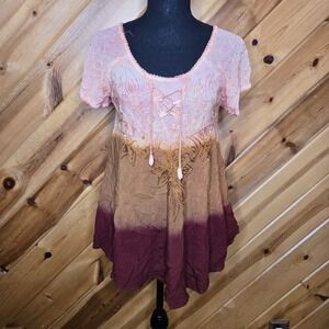 Jackpot Boho Ombre Embroidered Tunic Top 100% Rayon Flowy Medium Tassel Festival